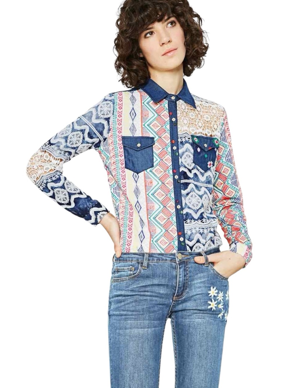 Desigual Mauricia mixed pattern embroidered button down blouse